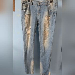 BONGO Light Blue Distressed Women's Juniors Skinny Jeans Sparkle Fringe Sz 13